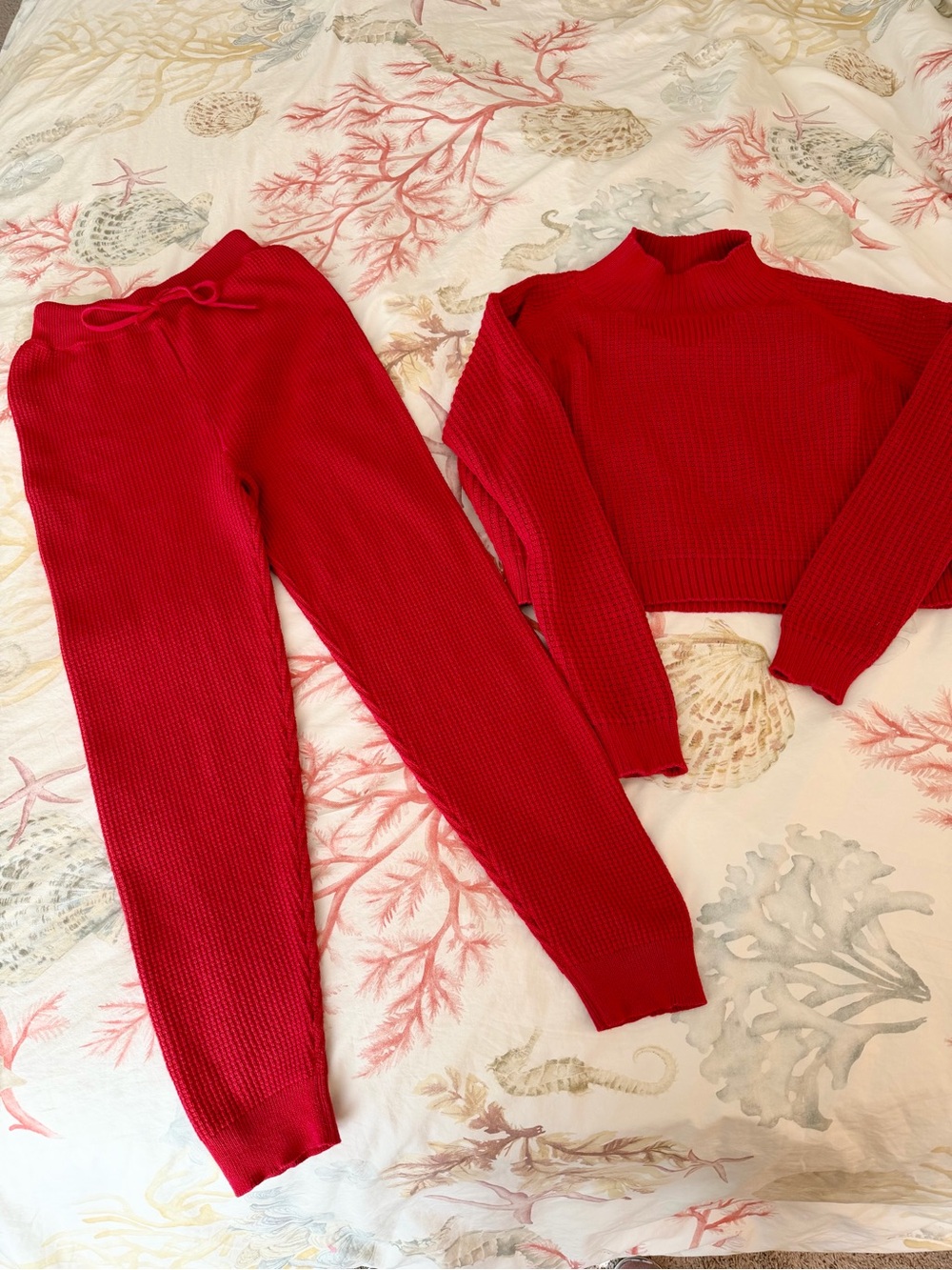 Fin & Vince For Mama Organic Cotton Waffle Knit Lounge Set Cranberry Red Size S